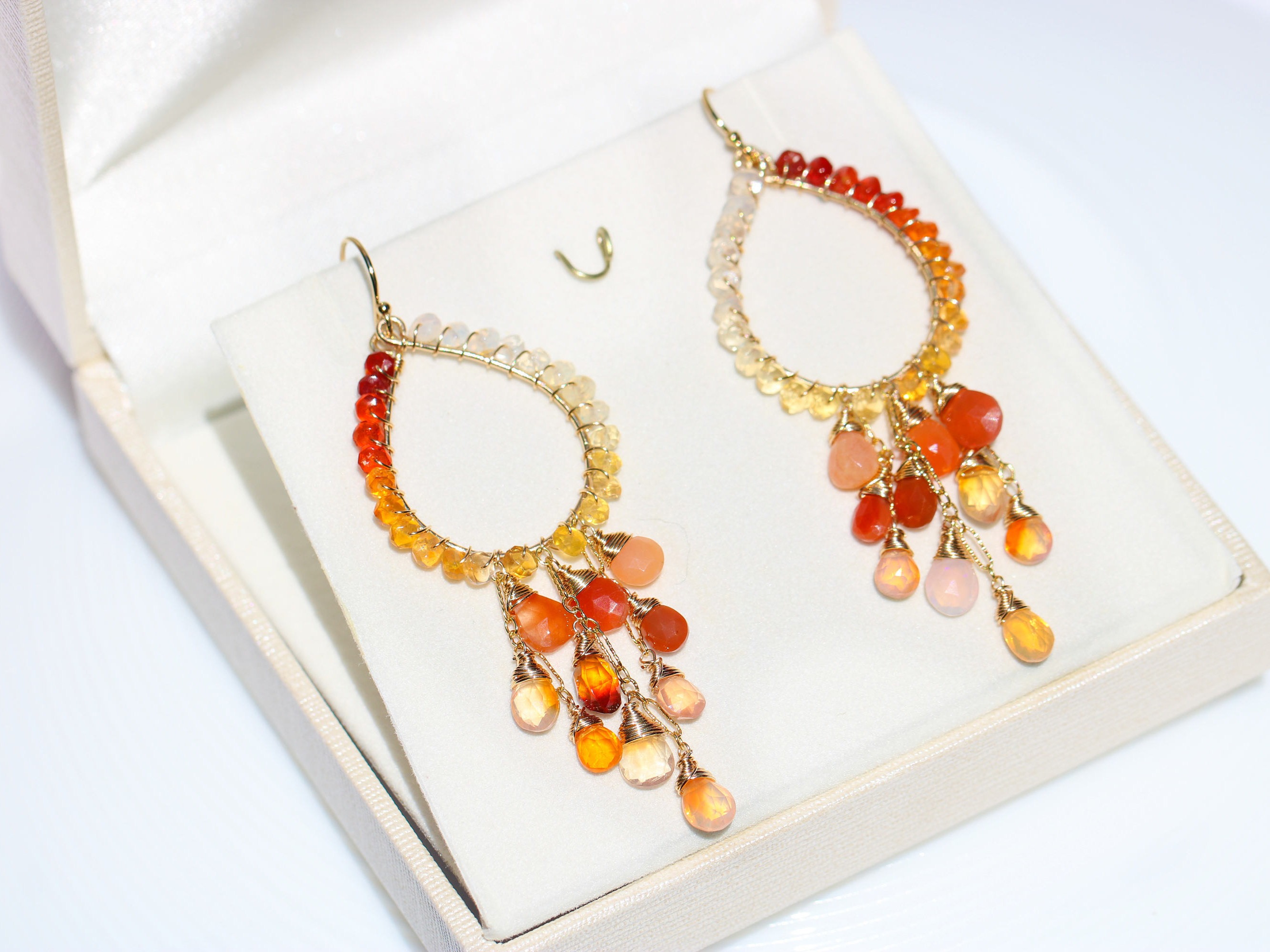 The Sunrise Earrings - Mexican Fire Opal Chandelier Earrings in Gold ...