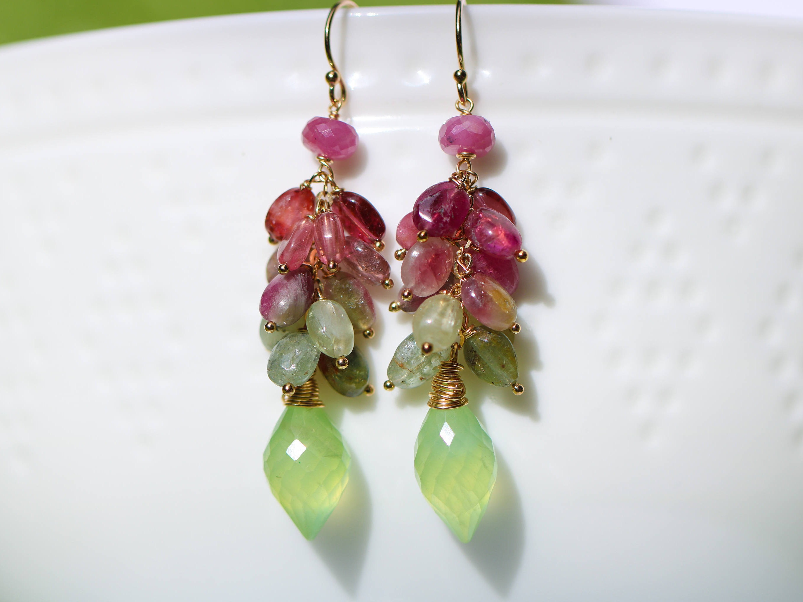 Watermelon Tourmaline Cluster Earrings with Prehnites in Gold Filled ...