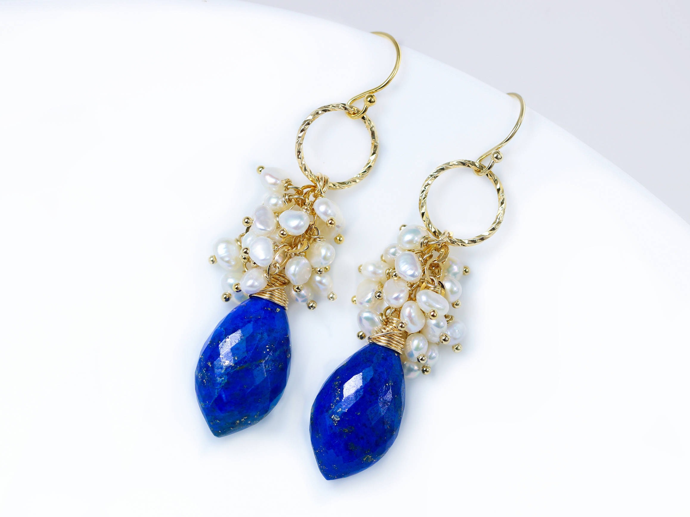 Luxury Lapis Lazuli and White Pearls Cluster Earrings in Gold Filled ...