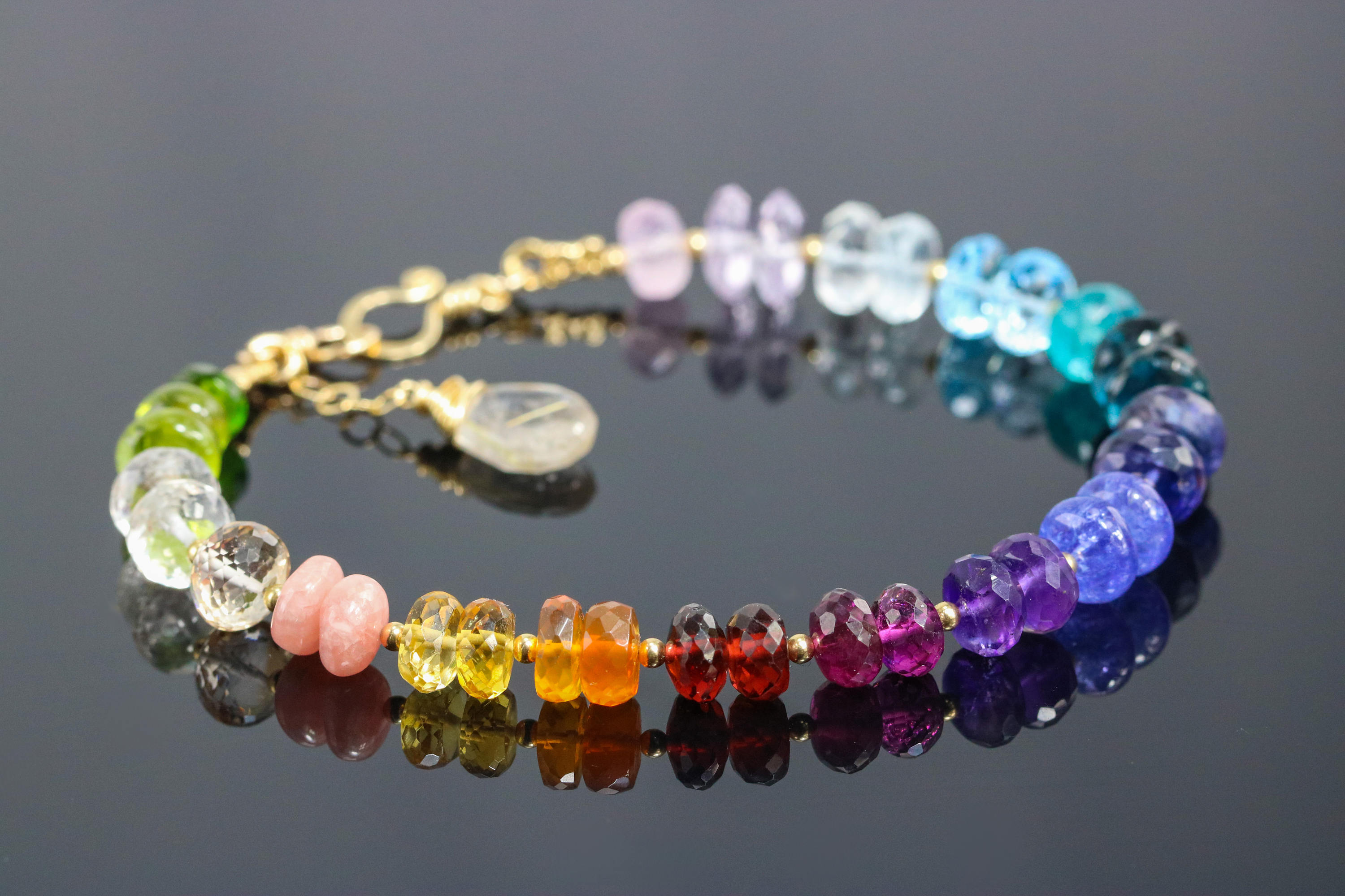 Rainbow Precious Gemstone Bracelet In Gold Filled Chakra Gemstone