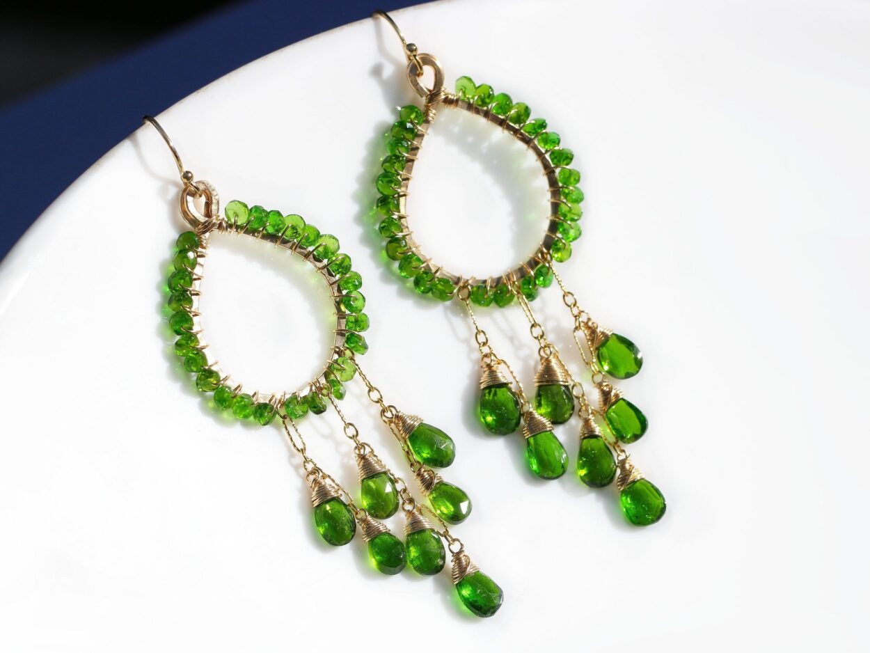 Chrome Diopside Green Chandelier Earrings in Gold Filled, Wire Wrapped ...