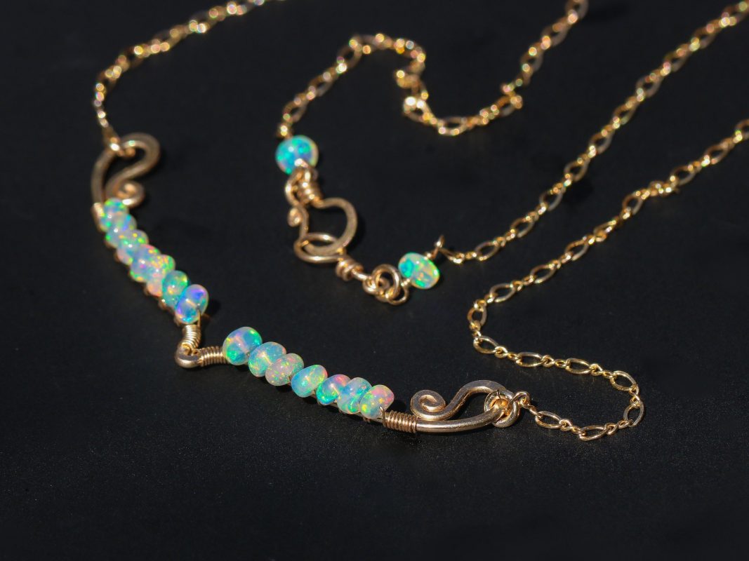 Solid Gold 14k Ethiopian Opal Gemstone Bar Necklace Valltasy