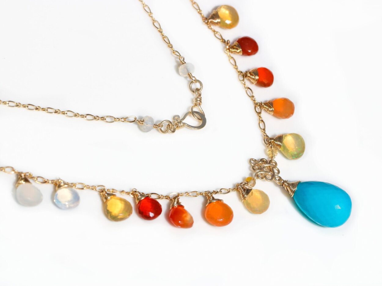Mexican Fire Opal and Turquoise Gold Filled Drop Necklace - Valltasy